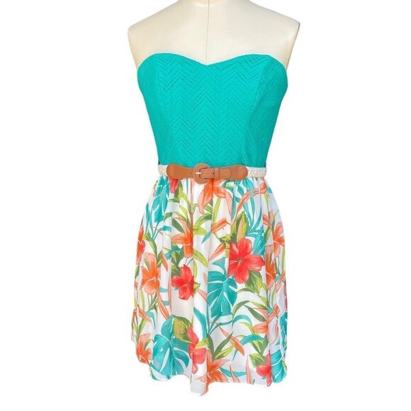 CITY TRIANGLES Strapless Fit & Flare Dress Size 9 Turquoise Floral Belted Mini‎ - Picture 8 of 15